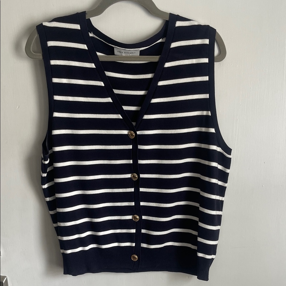 Navy and White Striped Sleeveless Cardigan
